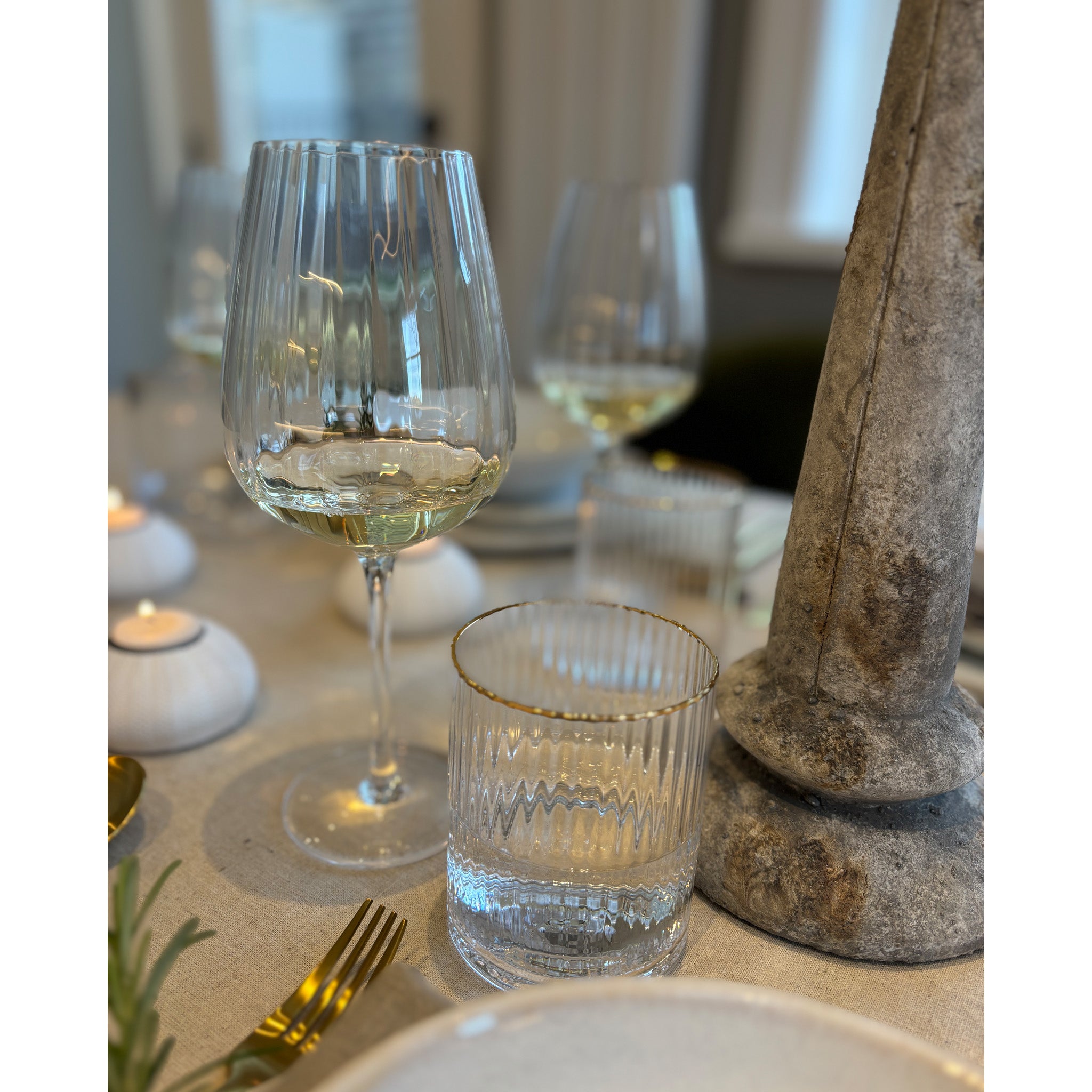 Gold Edge Ribbed Water Glasses - Set of 4